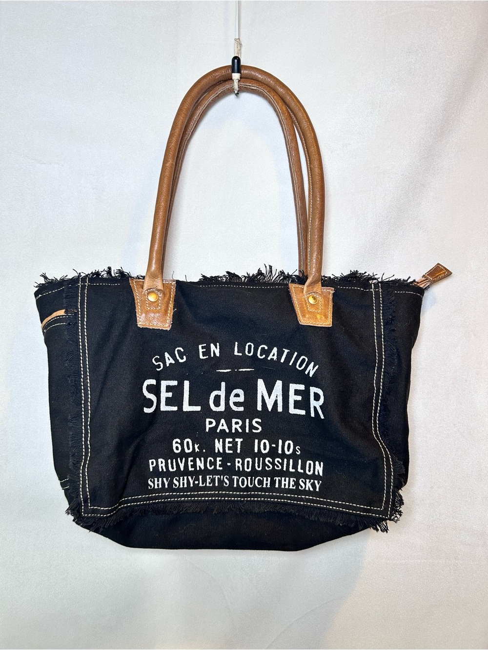 Sel de Mer Paris Canvas Tote Bag Black Fringe Leather Handles, Trim